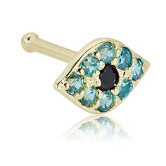 This 22 gauge evil-eye nose ring is so simple, yet chic and comfortable, you'll never want to take it of. Fashioned in 14K Yellow Gold, it is embedded with shimmering blue and black Simulated Diamond Cubic Zirconia (CZ) accents. The evil eye design measures 5.5 mm x 3.5 mm and the post is 7 mm in length. We use high quality Cubic Zirconia Simulated Diamonds in our jewelry. Cubic Zirconia, or CZ, is a stone so optically close to Diamond that most jewelers cannot tell the difference between a CZ a Evil Eye Design, Body Jewelry Piercing, Jewelry Safe, Nose Ring Stud, Eye Design, Evil Eye Jewelry, Piercing Jewelry, Evil Eye, Body Jewelry