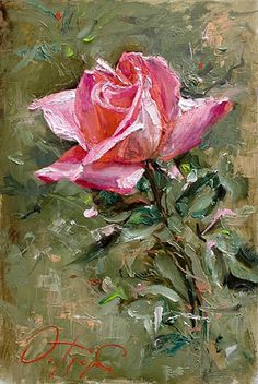 a painting of a pink rose on a green background