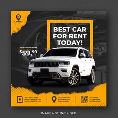 a car sale flyer with a white jeep on the front and yellow lettering that reads best car for rent today