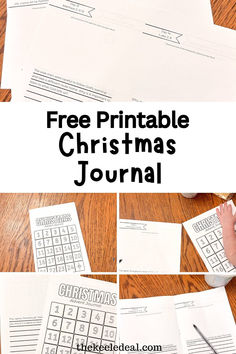 the printable christmas journal is on top of a wooden table