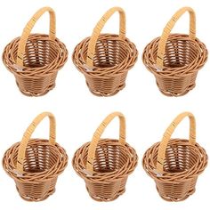 six brown wicker baskets with handles