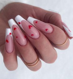 Red And White Nails, White Tip Nails, Nail Designs Valentines, White Acrylic Nails, White Nail, Homecoming Nails