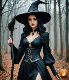 a woman dressed as a witch holding a broom and wearing a black dress in the woods