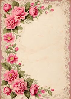 an old paper with pink flowers and leaves on the edges, in front of a lace border