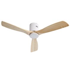 a white ceiling fan with wooden blades