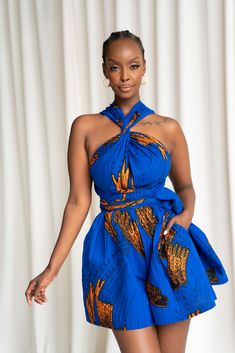 Ankara Rompers For Women, Ankara Romper, Short Ankara Wrap Dress, Ankara Playsuit Styles, African Print Romper, Infinity Clothing, Multicolor Tropical Print V-neck Jumpsuits And Rompers, Headwrap Tutorial, Short Dress Styles