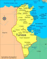 a map of the country of tunis with its capital and major cities, in bright colors