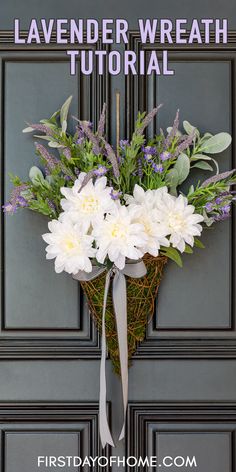 Farmhouse-style DIY wreath made with a basket and lavender flowers hanging on black front door Diy Farmhouse Wreath, Diy Eucalyptus, Front Porch Door, Summer Wreaths For Front Door, Basket Wreath, Diy Spring Wreath, Lavender Wreath, Easy Easter Crafts, Outdoor Wreaths