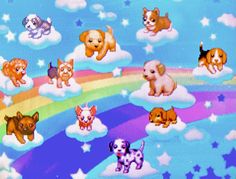 Several pixel dog sitting and lying down on pixel clouds in front of a large rainbow. The background is sky blue with faint stars and clouds. There are many dog breeds, including Chihuahua, Labrador, beagle and dalmatian Ds Background Images, Kidcore Primary Colors, 2000s Pixel Art, Kawaii Dreamcore, Nostalgiacore Aesthetic, Ds Aesthetic, Kidcore 2000s, Kawaii Pixel Art, Pixel Aesthetic