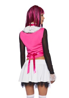 Be the vampire in your clan with this premium costume set that includes a stretchy sheer mesh top with long sleeves and a white floral lace trim, a milkmaid inspired corset top that has a satin construction, ruching, decorative buttons, satin ribbons on the back, and a mini skirt that has a lace-up design on the front, and a black tulle underlay trim. Also comes with a wig, and a choker that has a frilly cotton construction, a lace trim, ribbon detailing, a metallic bat charm on the front, and a Fitted Pink Cosplay Costume For Costume Party, Pink Long Sleeve Cosplay Costume For Halloween, Fitted Pink Costume For Halloween, Fitted Pink Halloween Costume, Pink Corset For Cosplay, Womans Halloween Costume, Monster High Draculaura, Plus Swim, Sheer Mesh Top