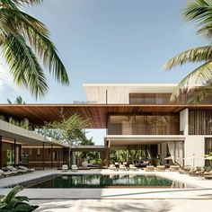 an outdoor swimming pool with lounge chairs and palm trees in the foreground, next to a modern house