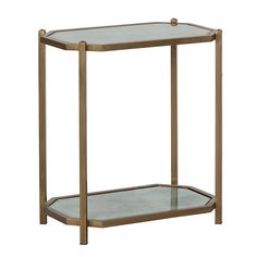 a glass and metal side table with two shelves on each side, against a white background