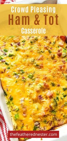 a casserole dish with ham and lots of cheese in it on a red and white checkered table cloth