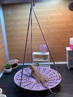 a large lizard sitting on top of a purple rug