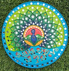 a colorful frisbee sitting in the grass on top of it's side