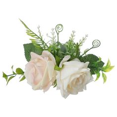 two white roses and green leaves are in a vase on a white background, with the stems sprouting out