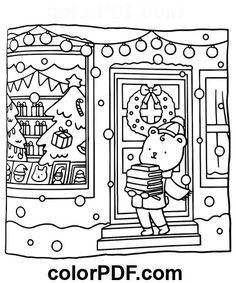 a coloring page with a bear holding a book in front of a christmas tree and presents