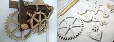 there are two clocks on the wall and one is made out of wooden gear wheels