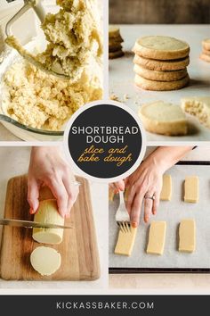 shortbread dough is being made and then cut into squares with a butter knife,