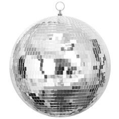 a silver disco ball ornament hanging from a chain on a white background photo