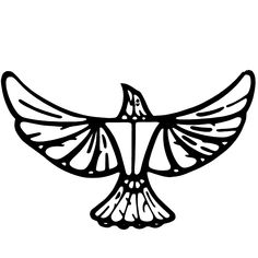 a black and white drawing of a bird with its wings spread out to the side