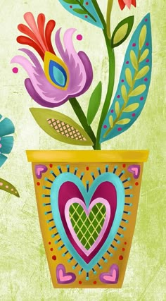 a painting of flowers in a pot with hearts on the bottom and green leaves around it