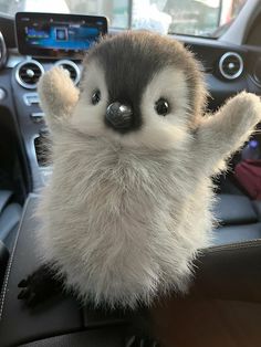 a stuffed animal penguin sitting on the dashboard of a car with it's hands in the air