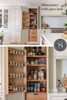 two pictures of the inside of a kitchen with wooden cabinets and drawers, one has spice jars in it