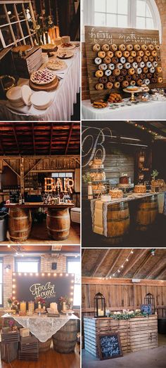 several different pictures of food and drinks on display in an old fashioned wooden building with windows