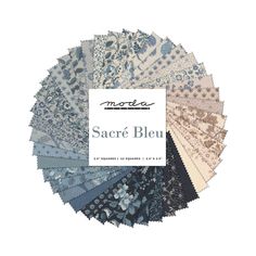 an assortment of blue and white fabrics with the words sacre bleu on it