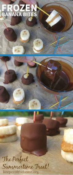 chocolate covered desserts and marshmallows are arranged on a baking sheet with text that reads frozen banana bites the perfect summer treat