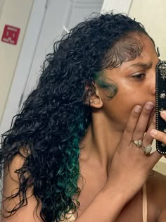 Hair Color Skunk Stripe, Natural Hair Peekaboo Color, Green Hair Black Women Natural, Teal Blue Hair Color, Green Hair On Brown Skin, Hair Color Combos Black Women, Curly Peekaboo Hair, Green Hair Curly, Green Peekaboo Hair