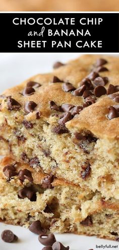 chocolate chip and banana sheet pan cake on a plate with text overlay that reads chocolate chip and banana sheet pan cake