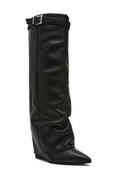 A buckled collar strap and foldover shaft lend bold elements to a knee-high leather boot balanced by a pointy toe and hidden wedge heel. 3" heel (size 8.5) 16 1/4" shaft; 15" regular calf circumference 16 1/4" shaft; 16" wide calf circumference Leather upper/synthetic lining and sole Imported Faux Leather Knee-high Boots For Work, Edgy Knee-high Heeled Boots For Work, Edgy Knee-high Boots For Workwear In Fall, Leather Knee-high Wedge Boots For Work, Faux Leather Knee-high Boots With Pointed Toe For Work, Edgy Leather Knee-high Boots For Work, Chic Evening Wedge Boots For Fall, Chic Pointed Toe Wedge Boots In Faux Leather, Chic Wedge Boots With Pointed Toe