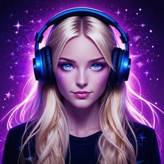 a girl with headphones on her ears and stars in the background, looking at the camera