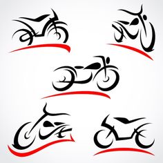 four different types of motorbikes with red and black designs on white background illustration