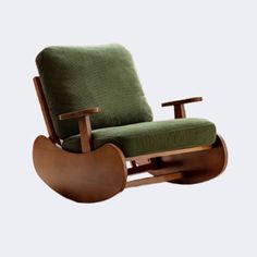 a rocking chair with green fabric and wooden frame, in the shape of an egg