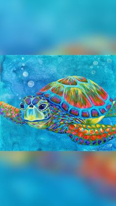 a painting of a turtle swimming in the ocean