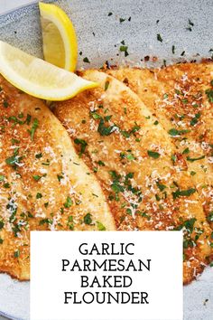 garlic parmesan baked flat bread with lemon wedges on the side and text overlay