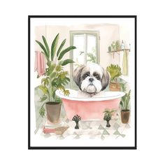 a watercolor painting of a dog in a bathtub surrounded by potted plants