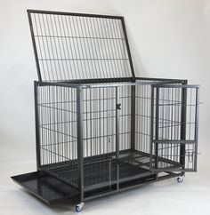 two cages with wheels on each side, one is open and the other is closed