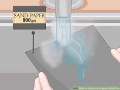 a person is pouring water from a faucet in front of a sign that reads sand paper 800 grit