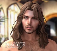 a man with long hair and blue eyes is looking at the camera while wearing no shirt