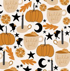 oranges, pumpkins and stars on a white background