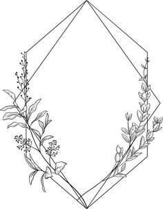 a black and white drawing of flowers on a hexagonal frame with lines in the middle