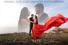 a man and woman standing next to each other on top of a hill with the words wishing you a life time love and happiness