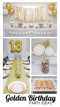 a collage of photos with balloons, plates and desserts on the table at a golden birthday party