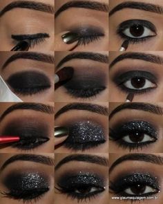 Pretão Black And Silver Eye Makeup, Black Makeup Looks, Dark Smokey Eye Makeup, Smokey Eye Makeup Steps, Black Smokey Eye Makeup, Silver Eye Makeup