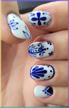 by\n#SamaliKasthuri\n#Summer\n#Nails\n#Ideas Talavera Nail Art Simple, Portuguese Tile Nail Art, Blue Tile Nail Art, Latin Nail Art, Portuguese Inspired Nails, Talavera Nails Nailart, Hand Painted Nails Art, Spanish Tile Nail Art, Otomi Nails