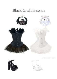 black and white swan corset with high heeled shoes, heels and mask